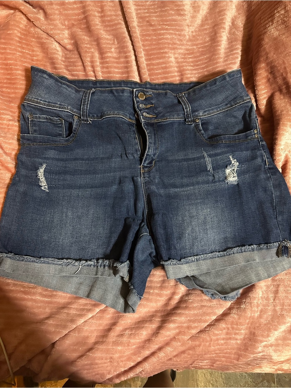 Women's High-Rise Dark Blue Rolled Hem Denim Shorts